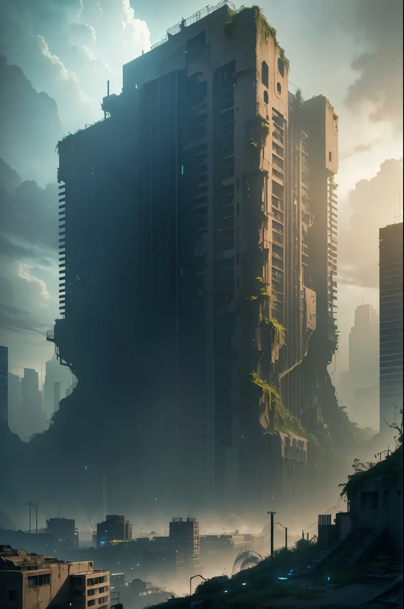 hyper realistic, dystopian abandoned city, overgrown jungle look, 64k resolution photorealistic Masterpiece by Ridley Scott, intricately detailed fluid painting, HD, professional photography, dark lighting, volumetric lighting maximalist photo illustration, 64k resolution concept art with intricately detailed, complex, elegant, expansive, fantastical, ultra sharp, k
