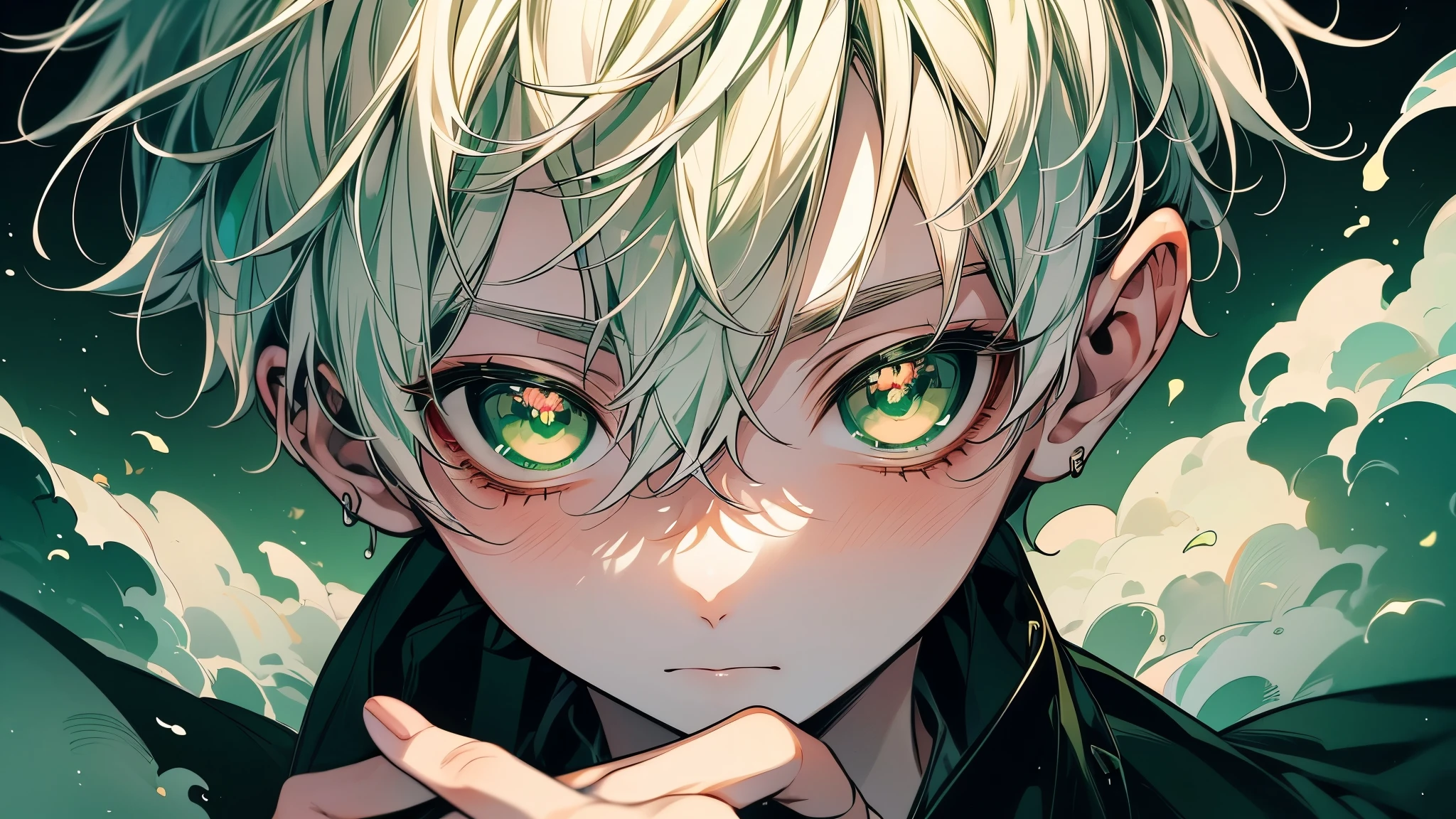(masutepiece), (Best Quality), Highly detailed, 1 boy, Solo Focus,Perfect face, Beautiful face, extra detailed face,(white hair:1.3),(Green eye:1.3),florals,Eau,foam,Black clothe