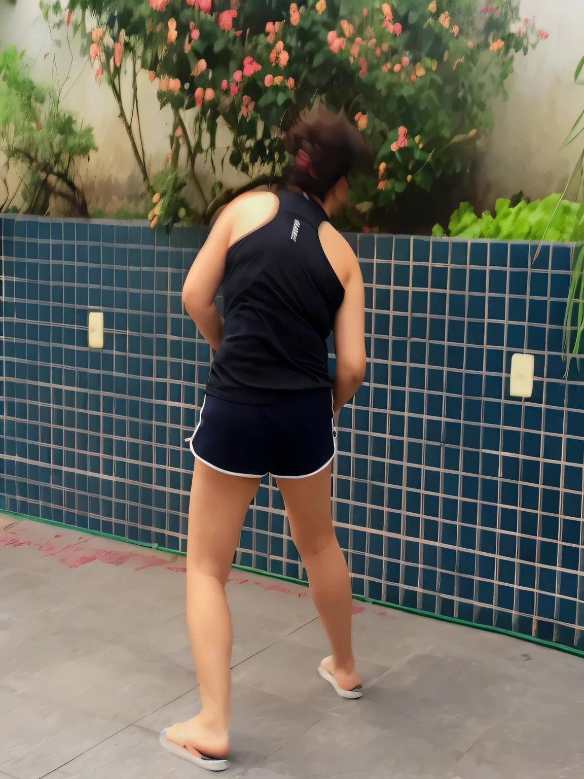 there is a woman that is walking on the sidewalk with a tennis racket, squatting down next to a pool, side view of her taking steps, backshot, other women dancing behind, back - shot, in full growth from the back, medium shot taken from behind, rear-shot, doing a kick, seen from the back, back shot, fat latin woman dancing