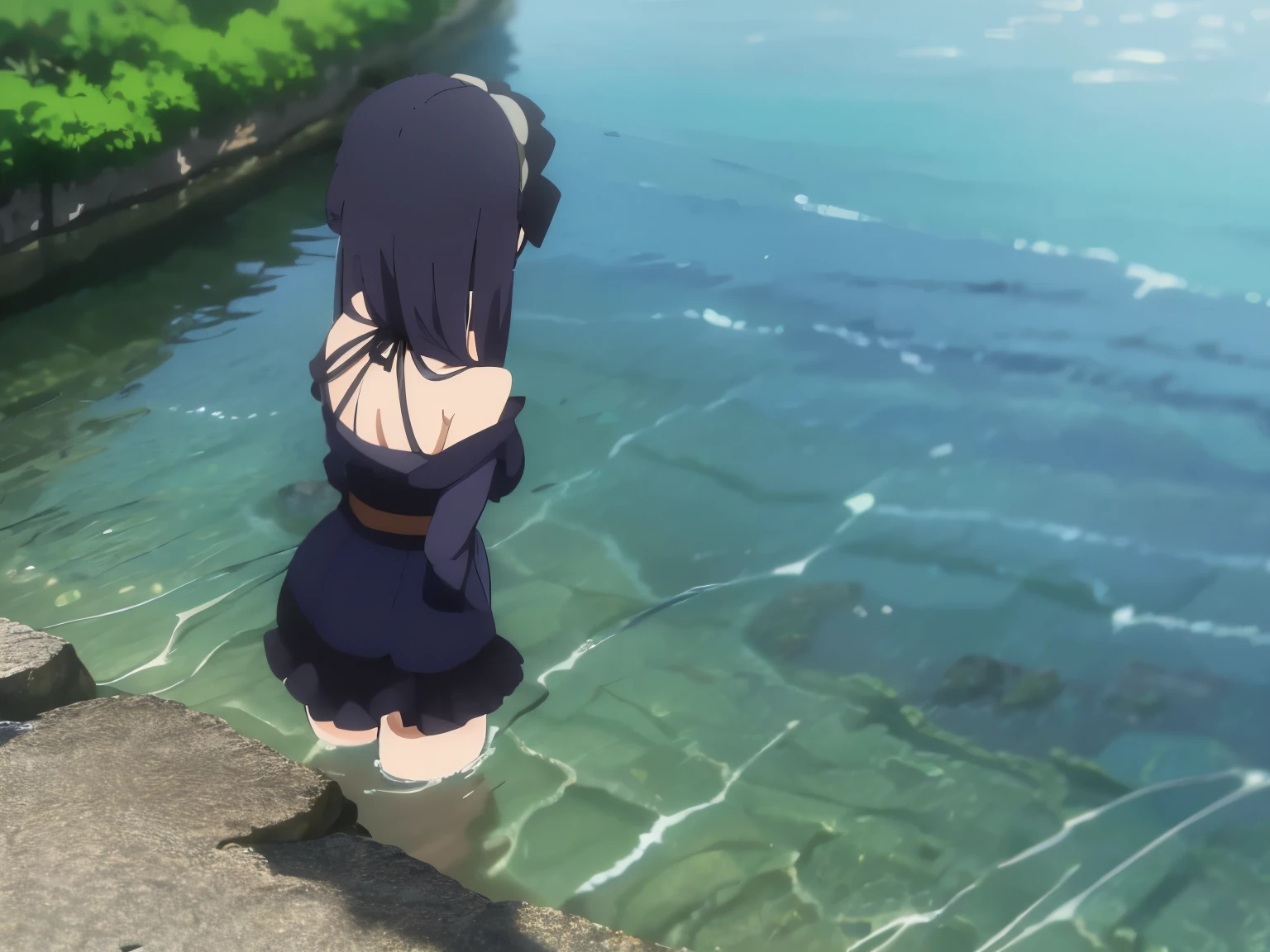 anime girl in blue swimsuit standing in water with rocks in background, an anime drawing by Kamagurka, pixiv, shin hanga, makoto shinkai art style, anime girl walking on water, wallpaper anime blue water, attractive anime girl, kotegawa yui, anime moe artstyle, seductive anime girl, anime visual of a cute girl