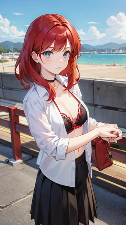An anime girl with red hair and blue eyes wearing a skirt and an open shirt revealing a black and red bra