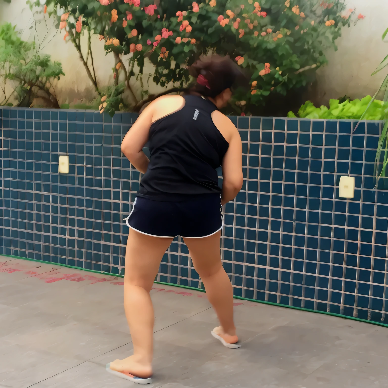 there is a woman that is walking on the sidewalk with a tennis racket, squatting down next to a pool, side view of her taking steps, backshot, other women dancing behind, back - shot, in full growth from the back, medium shot taken from behind, rear-shot, doing a kick, seen from the back, back shot, fat latin woman dancing