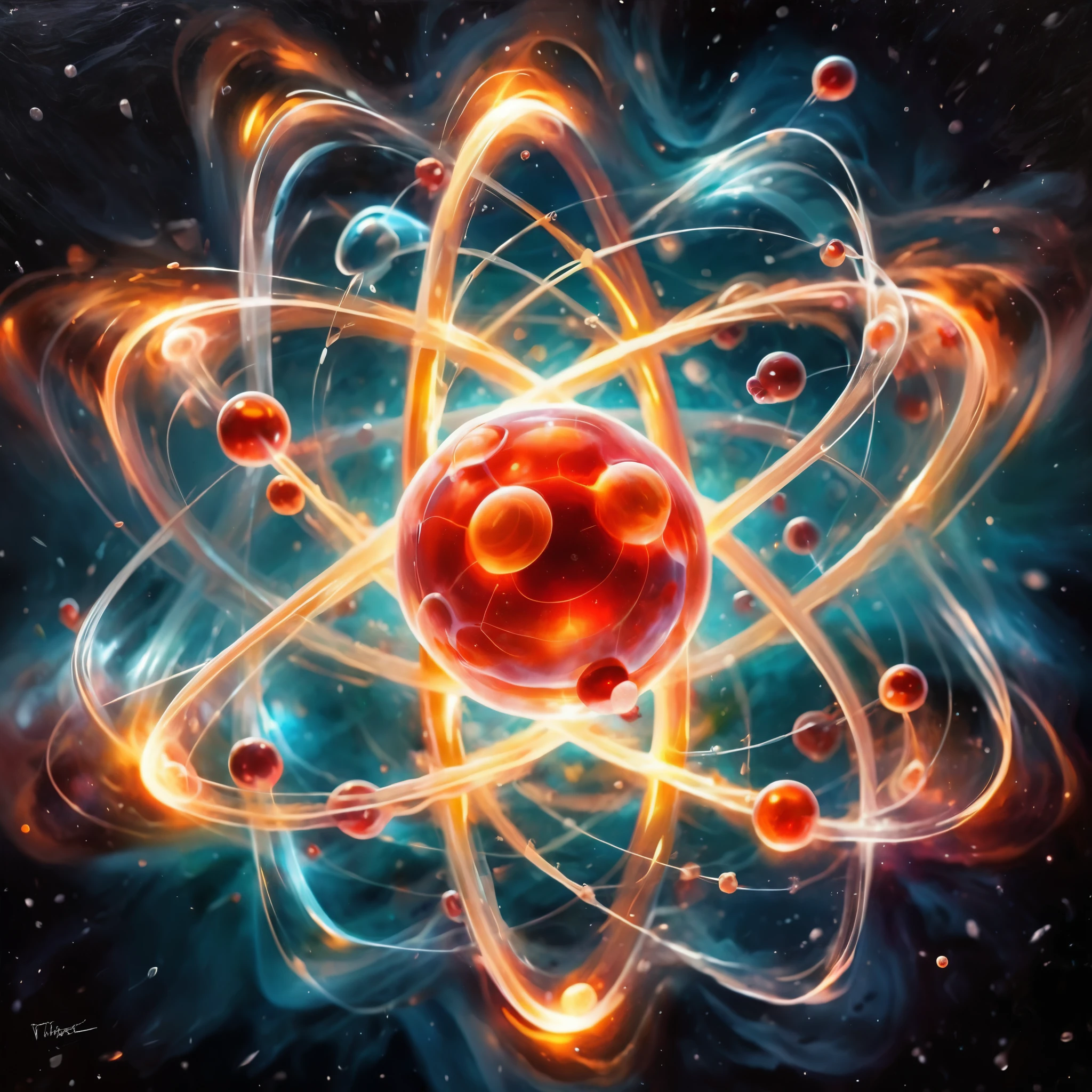 A dramatic, emotional portrayal of an atom with rich colors and dynamic composition