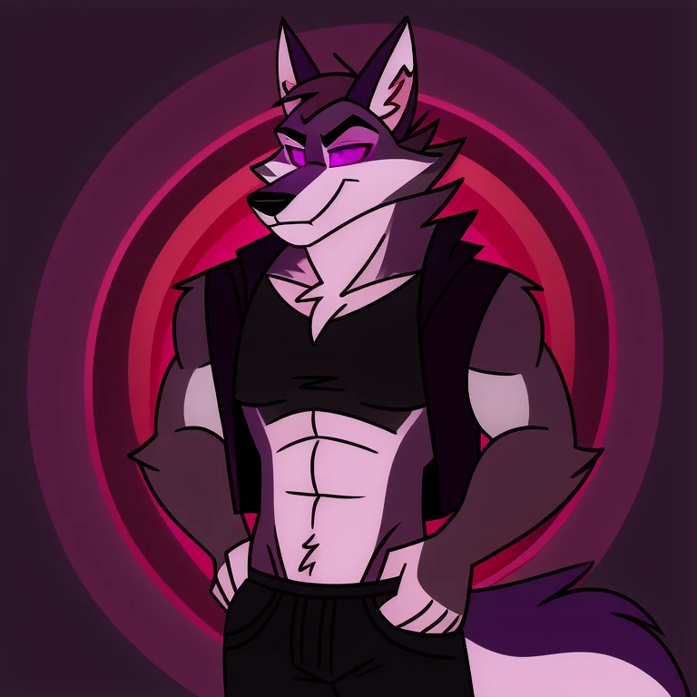 (masterpiece, best quality:1.2), Vortex hellhound, wolf, furry, helluva boss, he wears a black t-shirt with a gray vest with red spikes on the shoulders and black pants, hypnotized with completely spyral glowing purple eyes with no irises or pupils, undressing, full body image