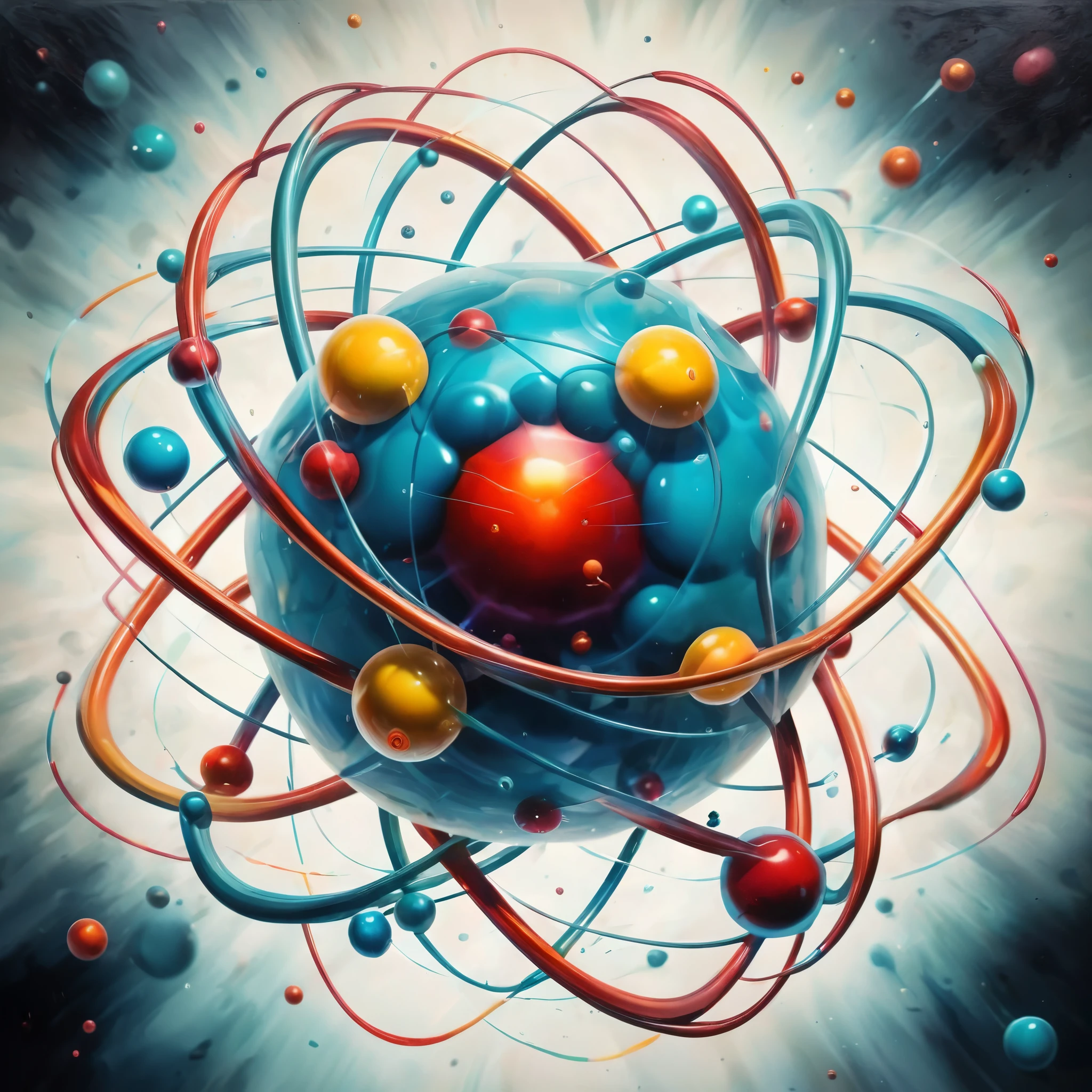 A dramatic, emotional portrayal of an atom with rich colors and dynamic composition