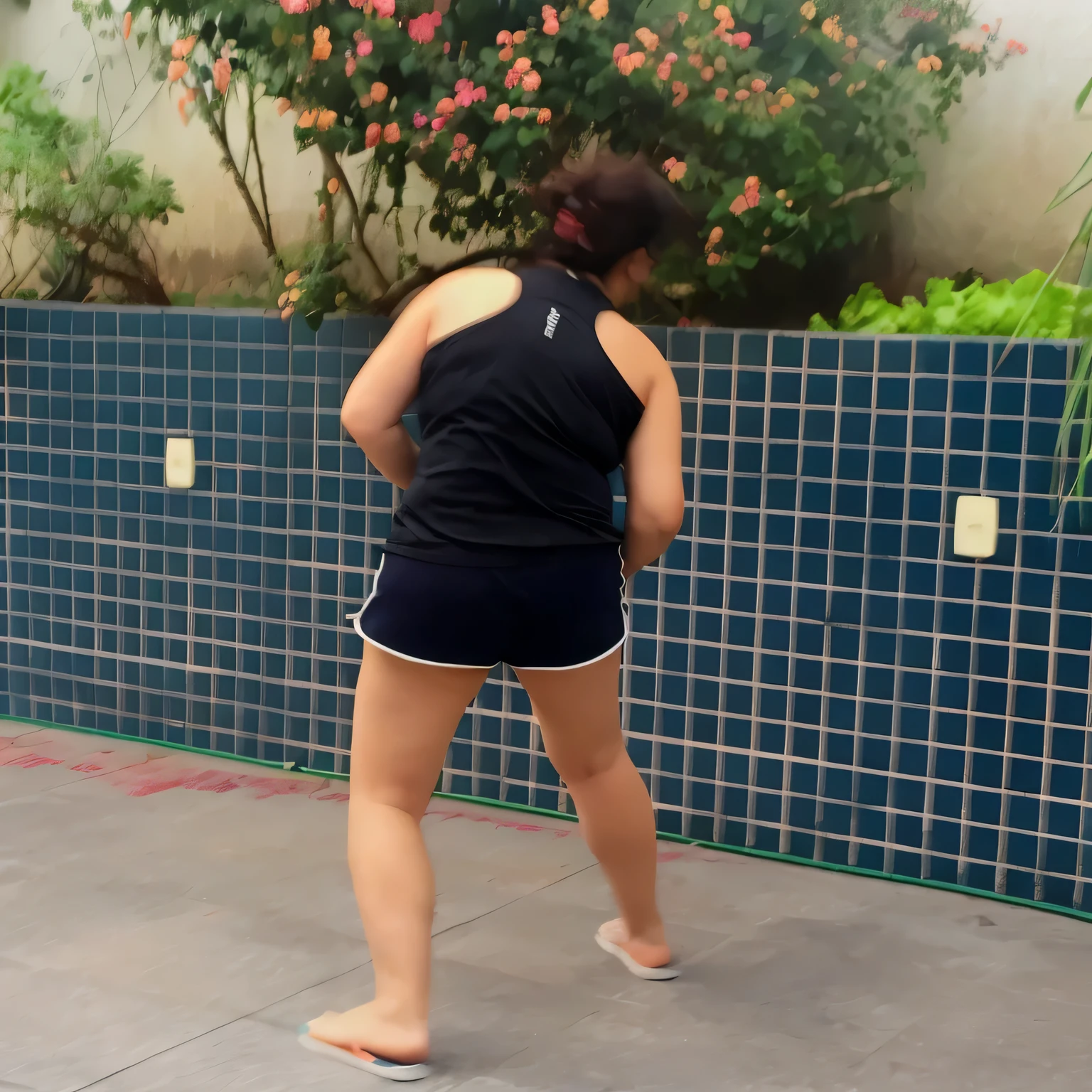 there is a woman that is walking on the sidewalk with a tennis racket, squatting down next to a pool, side view of her taking steps, backshot, other women dancing behind, back - shot, in full growth from the back, medium shot taken from behind, rear-shot, doing a kick, seen from the back, back shot, fat latin woman dancing