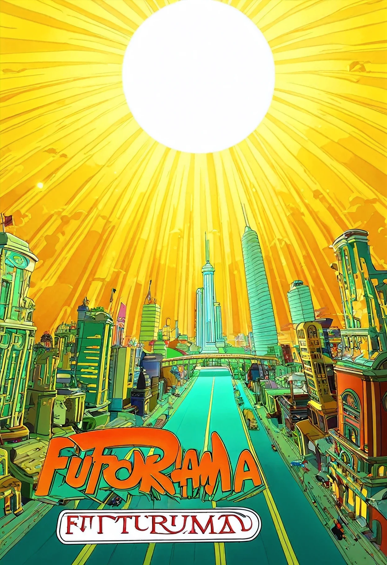 ((Futurama cartoon characters)) in the city against the backdrop of the sun, (Futurama), Advertising art, мультфильм 90-х, fry, 2 0 0 0 s cartoon, , Animated series, Анимационный Animated series, Мультфильм из 90-х,catoon 90x style
