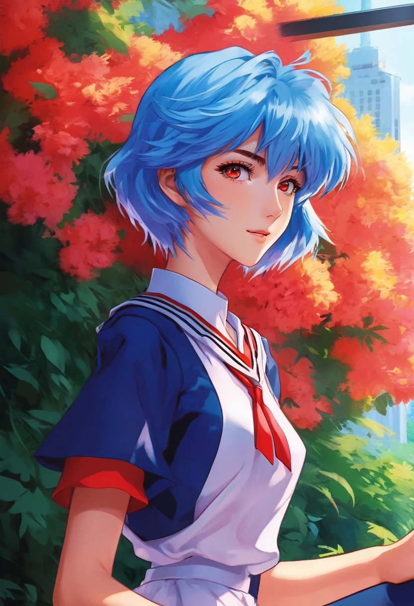 1girl, ayanami rei, neon genesis evangelion, a girl with blue hair and red eyes, anime style, 90s anime, school uniform, kawaii, detailed face, detailed eyes, detailed hair, beautiful detailed eyes, beautiful detailed lips, extremely detailed eyes and face, long eyelashes, dynamic pose, cinematic lighting, 8k, highly detailed, masterpiece, digital painting, vibrant colors, atmospheric, dramatic lighting, anime artwork, anime style, visual, vibrant, studio anime, highly detailed