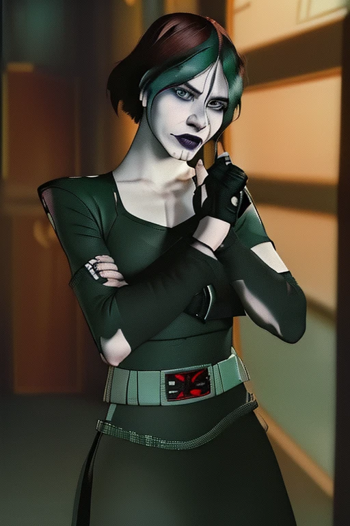 (human face) (ponytail) (leather jacket) (corset) (military belts) (Warrior) (cocky smile) (tribal tattoos) (green and blue hair) (X-Men Rogue) (Star Trek Jadzia Dax) (2000 Ninja Turtles April) (Greek mythology Athena) (pirate woman) (Star Wars zabrak) (Star Trek trill) (pale skin) (face tattoos) (zabrac face tattoos) (goth) (bo-katan) (cleveg) (low cut top) 