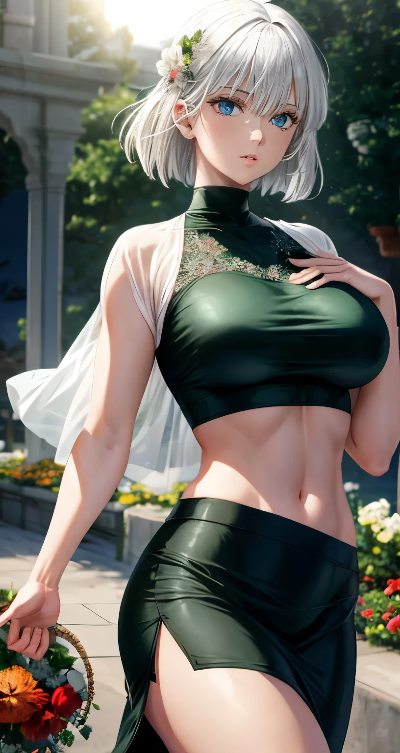 realistic, 1girl, Fubuki, white hair, green eyes, big round breasts, clear white skin, shining eyes, black crop top, dark green skirt, parted lips, rouge, night, flowers, sun, sunshine