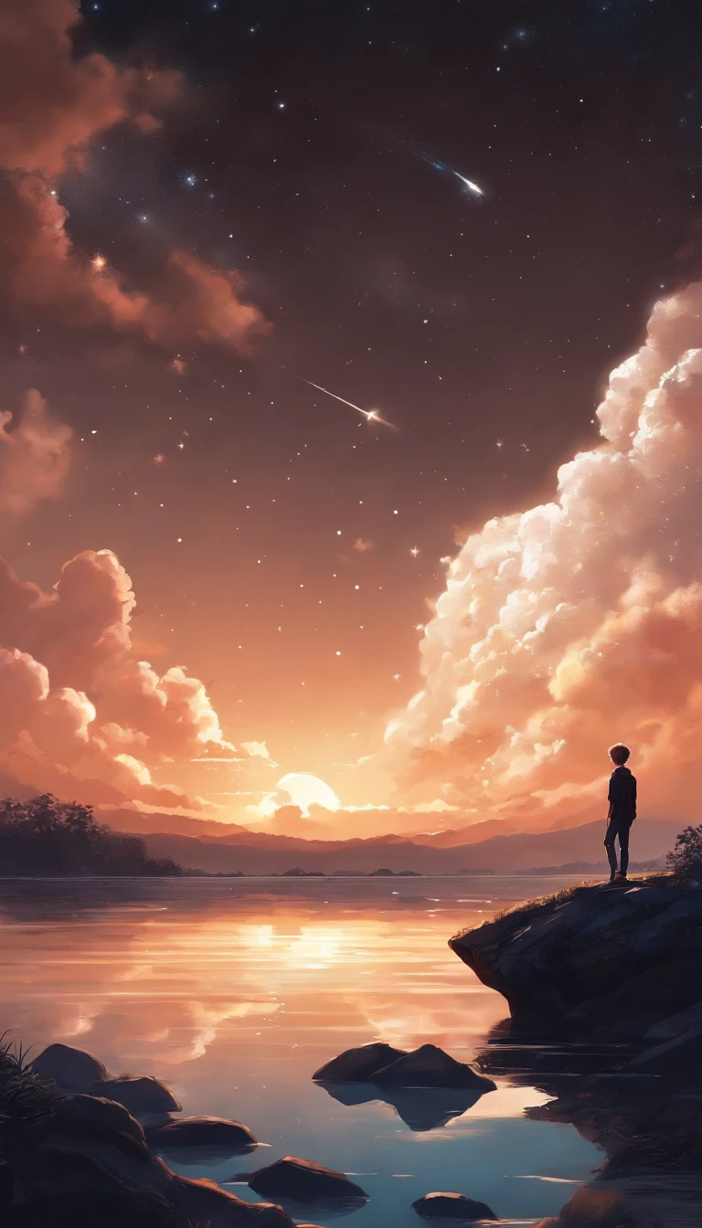 Anime boy standing on a rock looking at the sky full of stars, Makoto Shinkai Cyril Rolando, Anime art wallpaper 4k, Anime art wallpaper 4 K, Anime art wallpaper 8 K, Cosmos Sky. By Makoto Shinkai, Inspired by Cyril Rolando, in the style dan mumford artwork, amazing wallpapers, By Yuumei, White hair