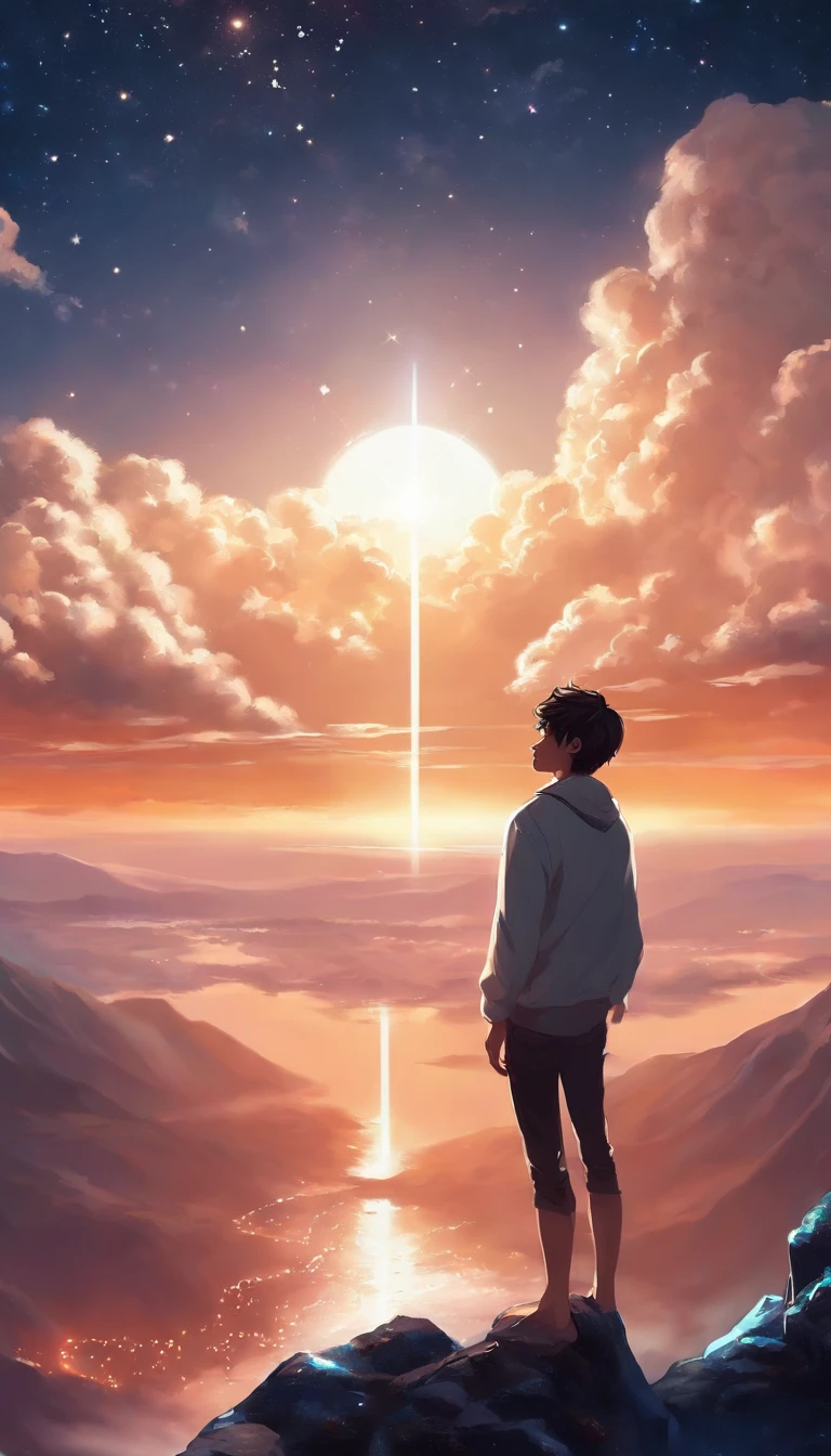 Anime boy standing on a rock looking at the sky full of stars, Makoto Shinkai Cyril Rolando, Anime art wallpaper 4k, Anime art wallpaper 4 K, Anime art wallpaper 8 K, Cosmos Sky. By Makoto Shinkai, Inspired by Cyril Rolando, in the style dan mumford artwork, amazing wallpapers, By Yuumei, White hair