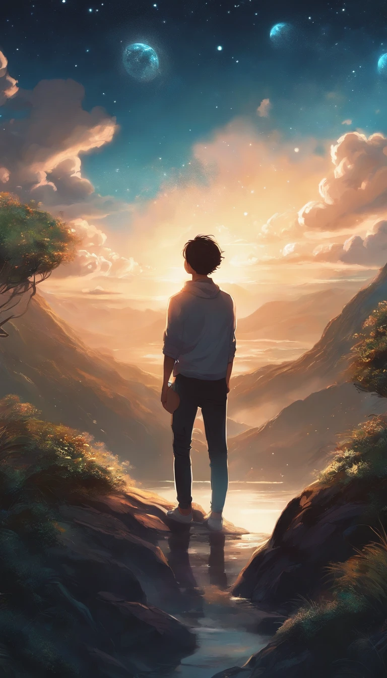 Anime boy standing on a rock looking at the sky full of stars, Makoto Shinkai Cyril Rolando, Anime art wallpaper 4k, Anime art wallpaper 4 K, Anime art wallpaper 8 K, Cosmos Sky. By Makoto Shinkai, Inspired by Cyril Rolando, in the style dan mumford artwork, amazing wallpapers, By Yuumei, White hair