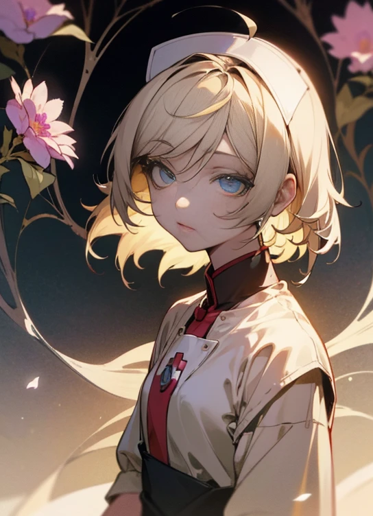 (TT),beautiful detailed eyes,flowing flowers,flowing hair,shining,exquisite lighting,perfect shadows,(Beautiful detailed girl,Short hair),illustration,Soft lighting,solo,anime,girl,,nurse