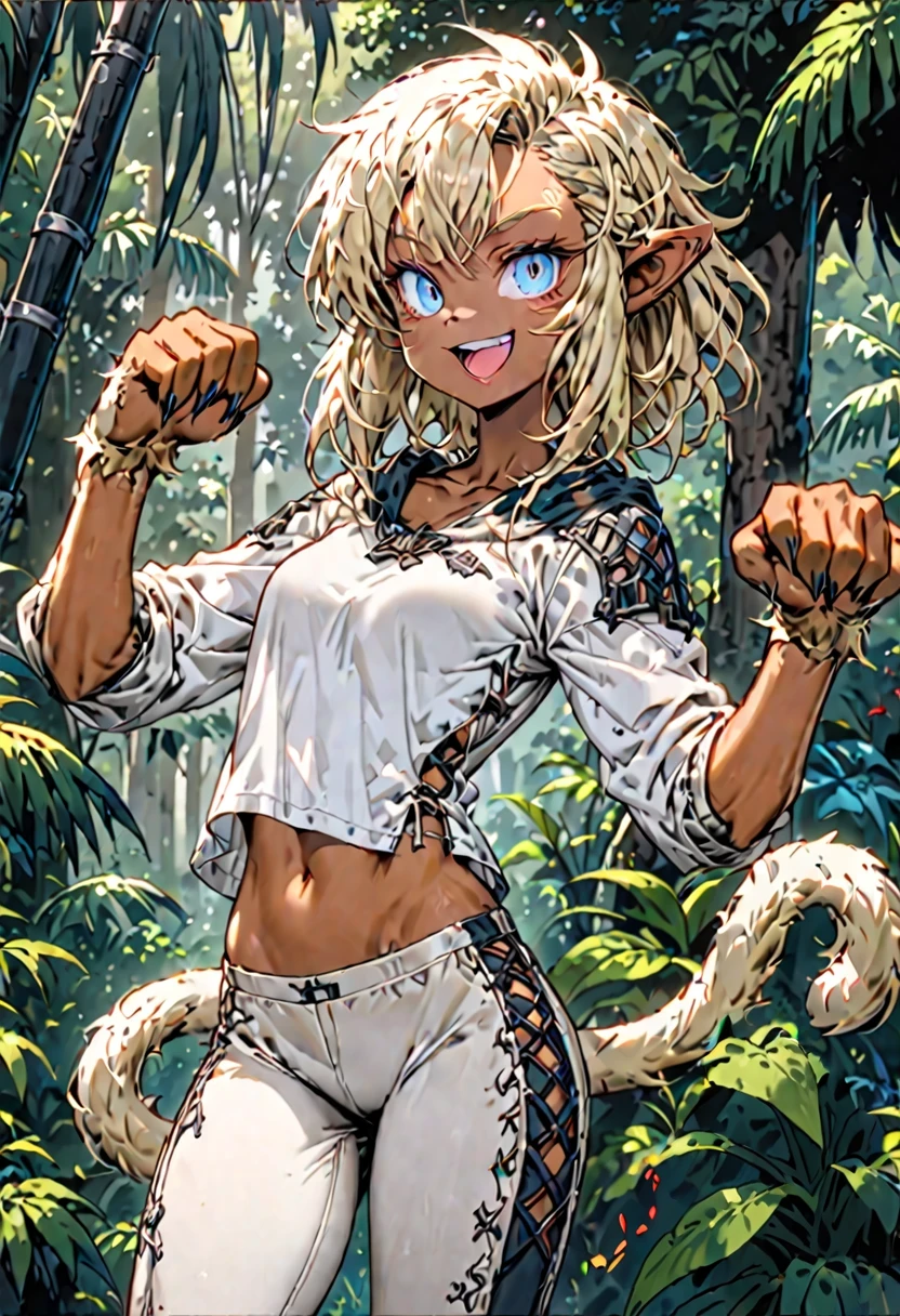 solo, female, sfw, medium shot, very short hair, messy hair, thick hair, platinum blonde hair, light blue eyes, monkey tail, blonde monkey hand, very slim, athletic, small breasts, tan skin, wild clothes, jungle, wide smile, ((furry forearms)), abs, open mouth, big ass, ((blonde fur)), long arms, tight pants, medieval, one tail