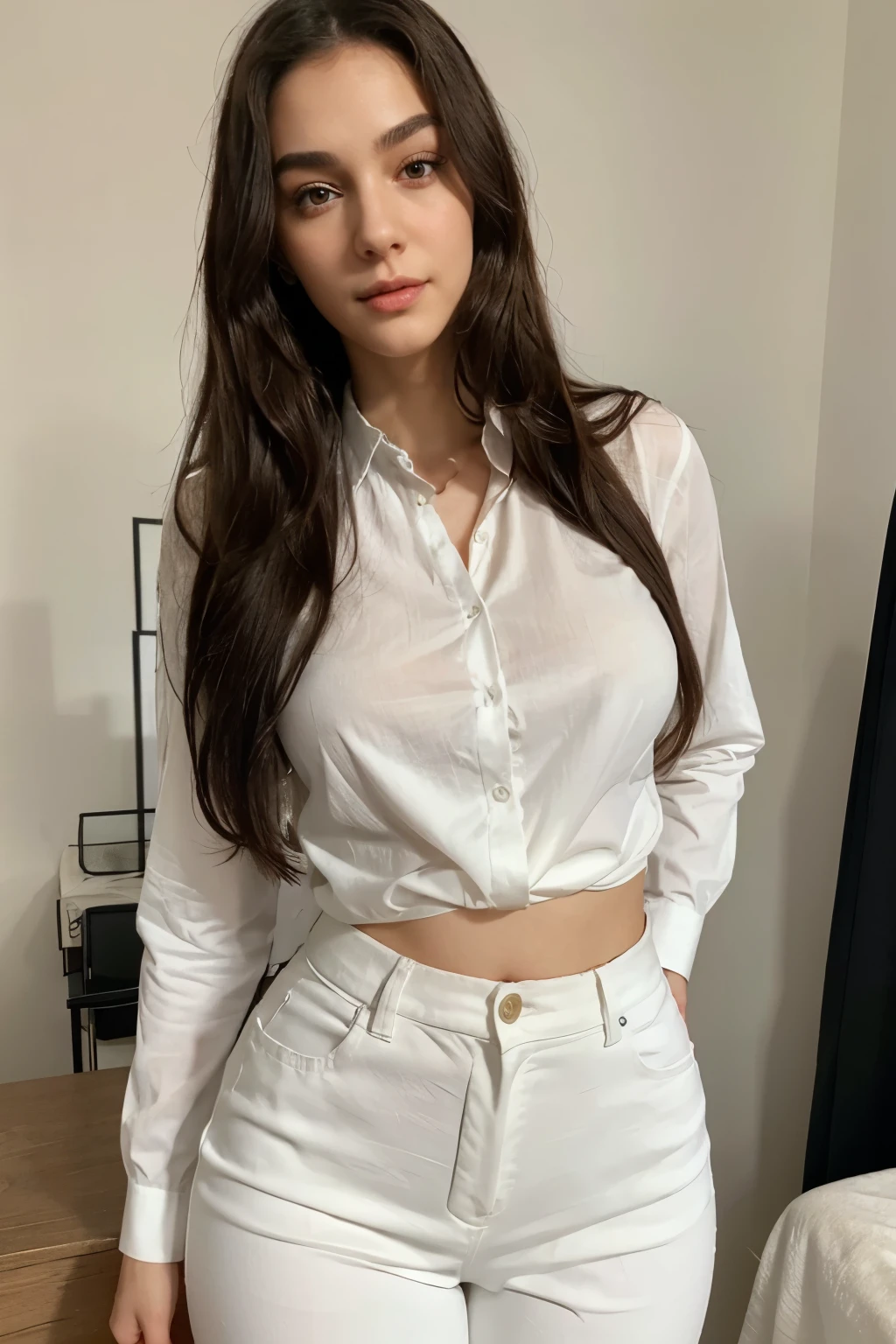 This beautiful teacher wore a simple and elegant white shirt with a pair of black slim trousers, showing her tall figure and graceful curves. Her long hair was shawl, slightly curly, and gave off a faint fragrance. Her facial features are delicate, her eyes are bright and spirited, her eyebrows are slender and natural, her lips are rosy and sexy, and her face is round and smooth.