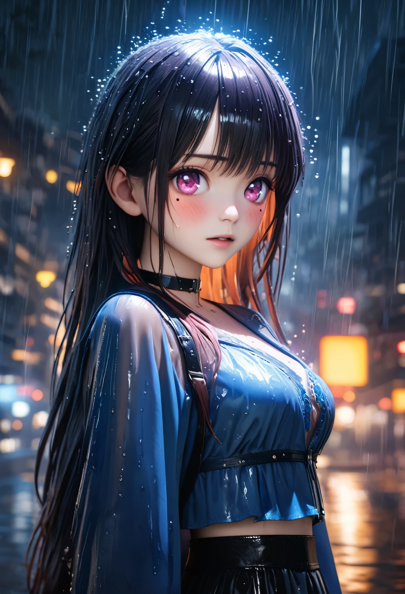 masterpiece, best quality, very detailed, high resolution, expensive resolution, high resolution, 4K, 8k, Unity 8k wallpaper, highly detailed CG, masterpiece, 2D, 3D, beautiful details, depth, fine texture, best quality: 1.3, perfect focus, crisp skin, him,rain, wet, wet closhes : 1.2
very cute anime girl, (bra showing through white blouse soaked in pouring rain), large breasts, expensive Black short hair, one girl, rain, (raindrops dripping from soaked hair, bra showing through thin blouse soaked in rain), mole under eye, looking at viewer, expensive, blush, mole, open lips, heart, pink eyes, choker white transparent bra,**Anime girl with rain and sparkling lights, wearing a blue outfit, with long hair flowing in the wind, against a fantasy background, in the style of anime, with a beautiful face, anime eyes, skin, in a fantasy illustration style, with an anime aesthetic, featuring a detailed character design, resembling 2d game art, using a blue and orange color scheme, at a high resolution, with cinematic lighting, water drops on her head, glowing effects, against a night sky background, featuring bright colors, with a dreamy atmosphere.