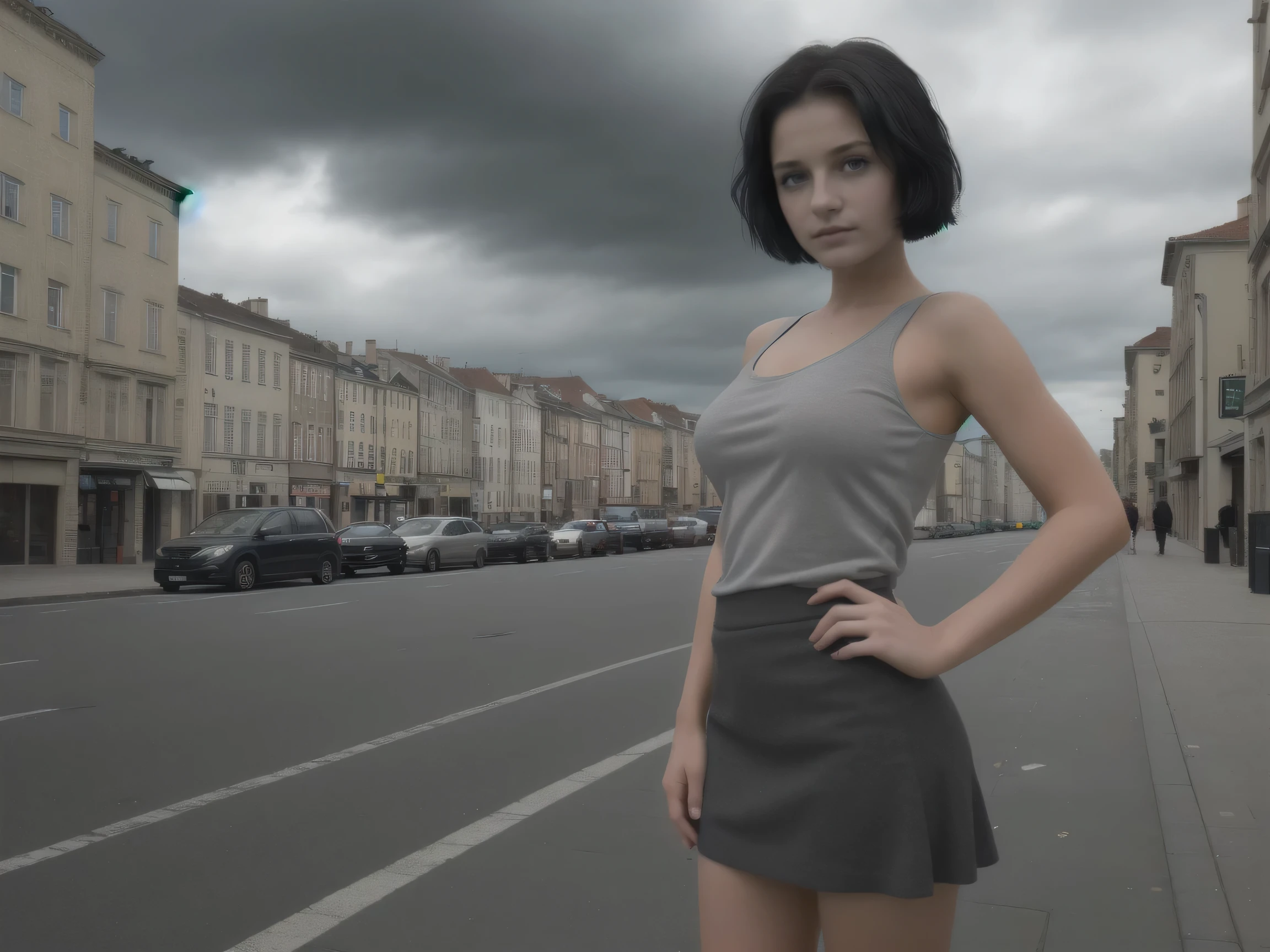 ((Best Quality, 8k, Masterpiece: 1.3)), Full Body, Focus Sharp: 1.2, beautiful European 10 year old girl: 1.4, huge tits: 1.2, (((short black hair)), Tank Top, short sexy skirt: 1.1, (grey dark clouds City, Street: 1.1), Highly Detailed Face and Skin Texture, Detailed Eyes, Double Eyelids