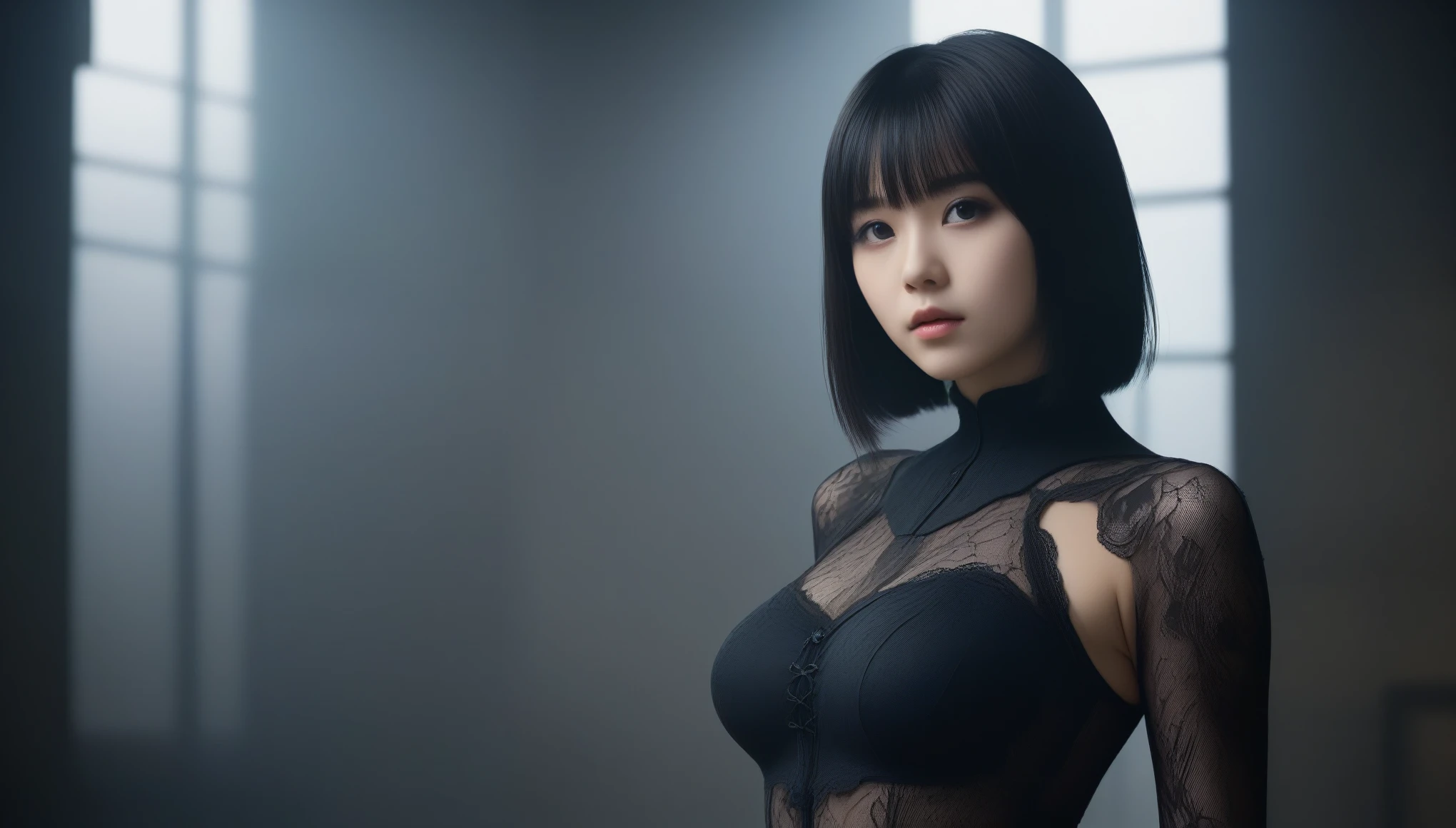 8k, Ultra-high resolution, highest quality, masterpiece, Surreal, photograph, 1 girl, (:1.3), pretty girl, Cute Face, Beautiful eyes in every detail, 細かくdetailedに,masterpiece,, One Girl:1.2, Japan Female Announcer, Ghoulish cyberpunk woman,Bob Haircut,(Futuristic Leotard:1.05),Lace blouse,(lace stockings with garters), Are standing, (In a post-apocalyptic scenario:1.2),Expression of despair,Dark and atmospheric lighting, This pose expresses a somber ecstasy.,Bold Pose,Looking at the audience、beauty,Long neck、Laugh a little、Please close your mouth and laugh、(((Ideal body type))),A cup small breasts :2,、Portraiture:2、Perfect Anatomy、鮮明なdetailed、detailed、Surreal、Light and shadow,Strong light