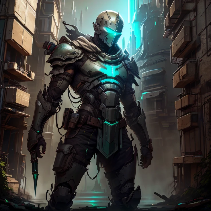 A painting of a tall android, men, standing 1.85 meters with a muscular, athletic build. His emerald green eyes convey a mix of wisdom and determination. He wears leather armor reinforced with titanium plates, blending medieval design with modern functionality, and a dark cape adorned with a golden lion emblem, with a hood covering his bald head. His attire includes reinforced leather boots and gloves, with a leather band on his right arm holding small tools. On his back, he carries a high-tech bow, and in his left hand, a spear with a flat blade and electronic details. He stands in a dystopian world in ruins, with a cloudy sky in the background.