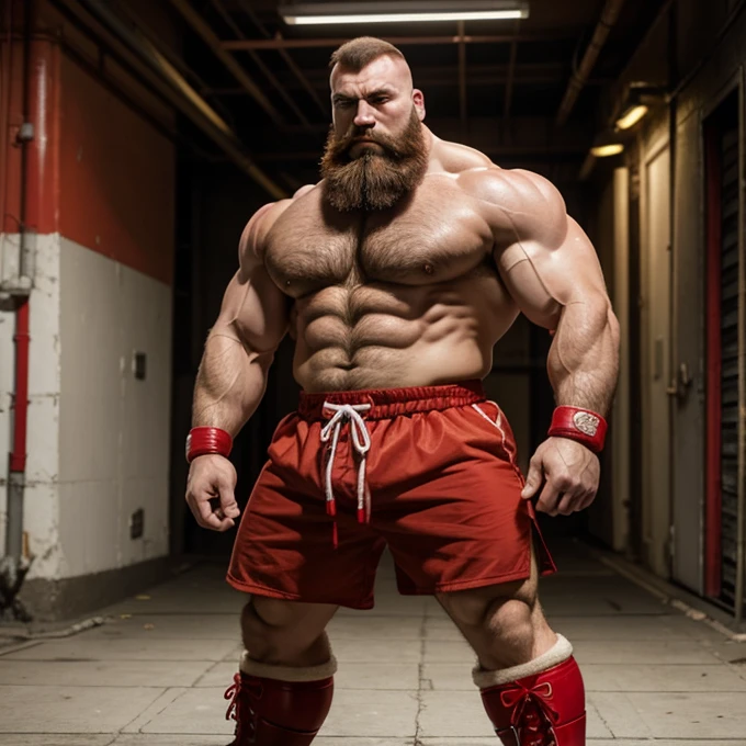Zangief, street fighter, big muscular body, strong body, tall, chest hair, mohawk hairstyle, red pro wrestling short, red wrestling boots, big arms, brown beard, standing, 