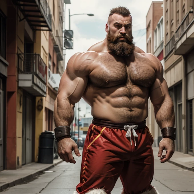 Zangief, street fighter, big muscular body, strong body, tall, chest hair, mohawk hairstyle, red pro wrestling short, red wrestling boots, big arms, brown beard, standing, 