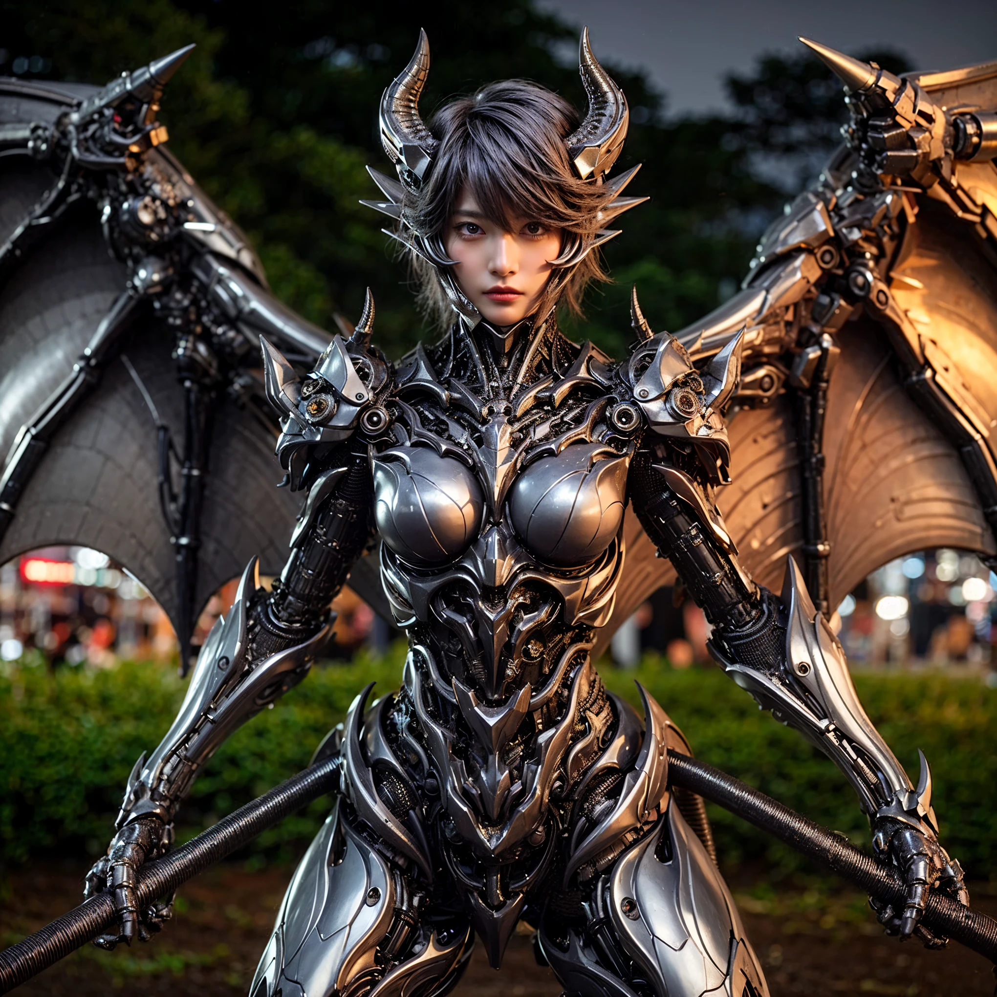 Masterpiece, (ultimate quality:1.2), 8k, Japanese woman in insect-type bio mecha armor, silver base with bronze and gold accents, very beautiful face, mechanical, (mechanical bat wings), hydraulic cylinder, power pipe, muscle fiber, ultimately intricate details, full body shot, (ultimately photo Realistic:1.37), Park with a beautiful view at night, (biological weapon), (biopunk:1.3), Full body photo, Wide-angle shot, Please generate at least 4 photos.