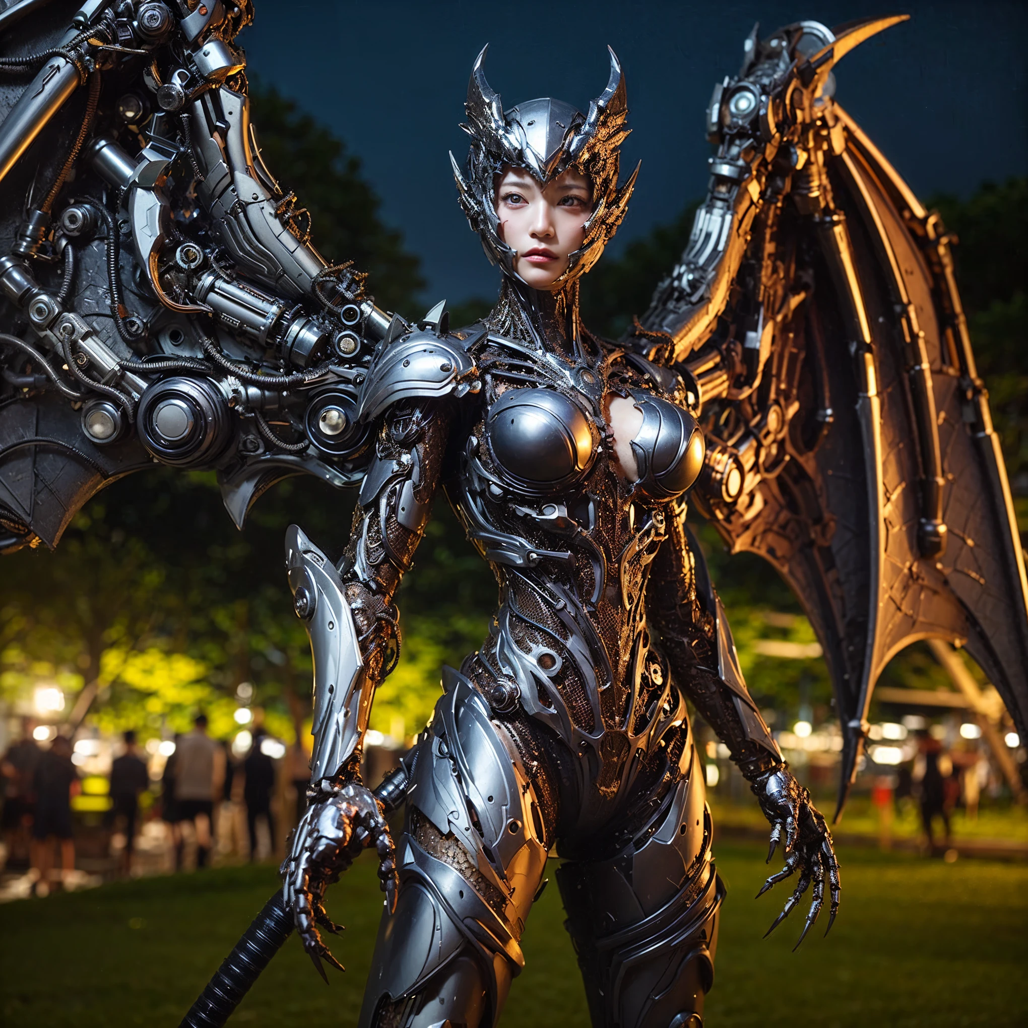 Masterpiece, (ultimate quality:1.2), 8k, Japanese woman in insect-type bio mecha armor, silver base with bronze and gold accents, very beautiful face, mechanical, (mechanical bat wings), hydraulic cylinder, power pipe, muscle fiber, ultimately intricate details, full body shot, (ultimately photo Realistic:1.37), Park with a beautiful view at night, (biological weapon), (biopunk:1.3), Full body photo, Wide-angle shot, Please generate at least 4 photos.