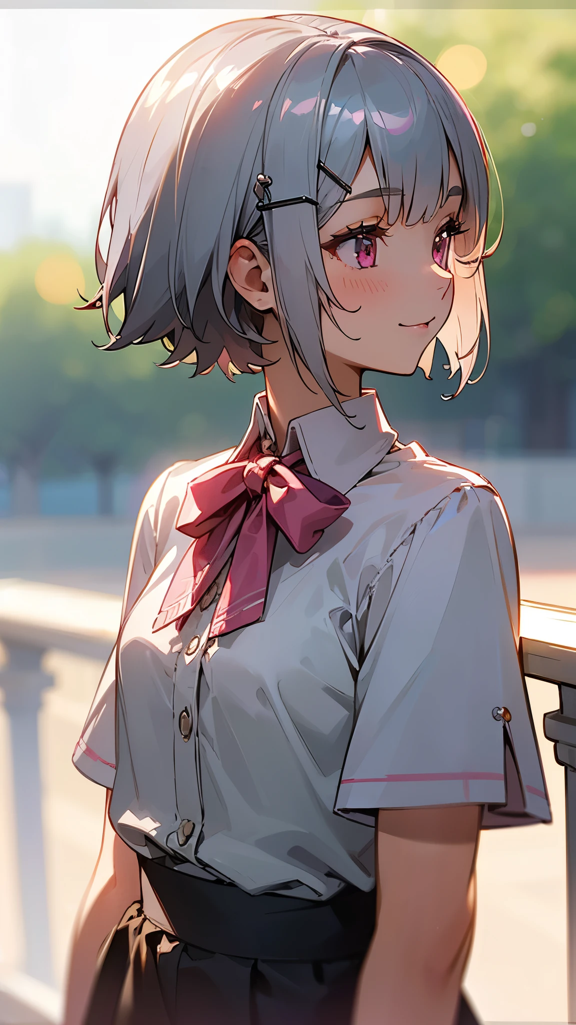 1 Girl、8k、Sharp focus、(Bokeh) (highest quality) (Detailed skin:1.3) (Intricate details) (anime)、Short silver bob hair held together with a hair clip, Pink Eyes、smile、I really like it、profile、Upper body close-up、Morning Cafe Terrace、Background Blur, Written boundary depth