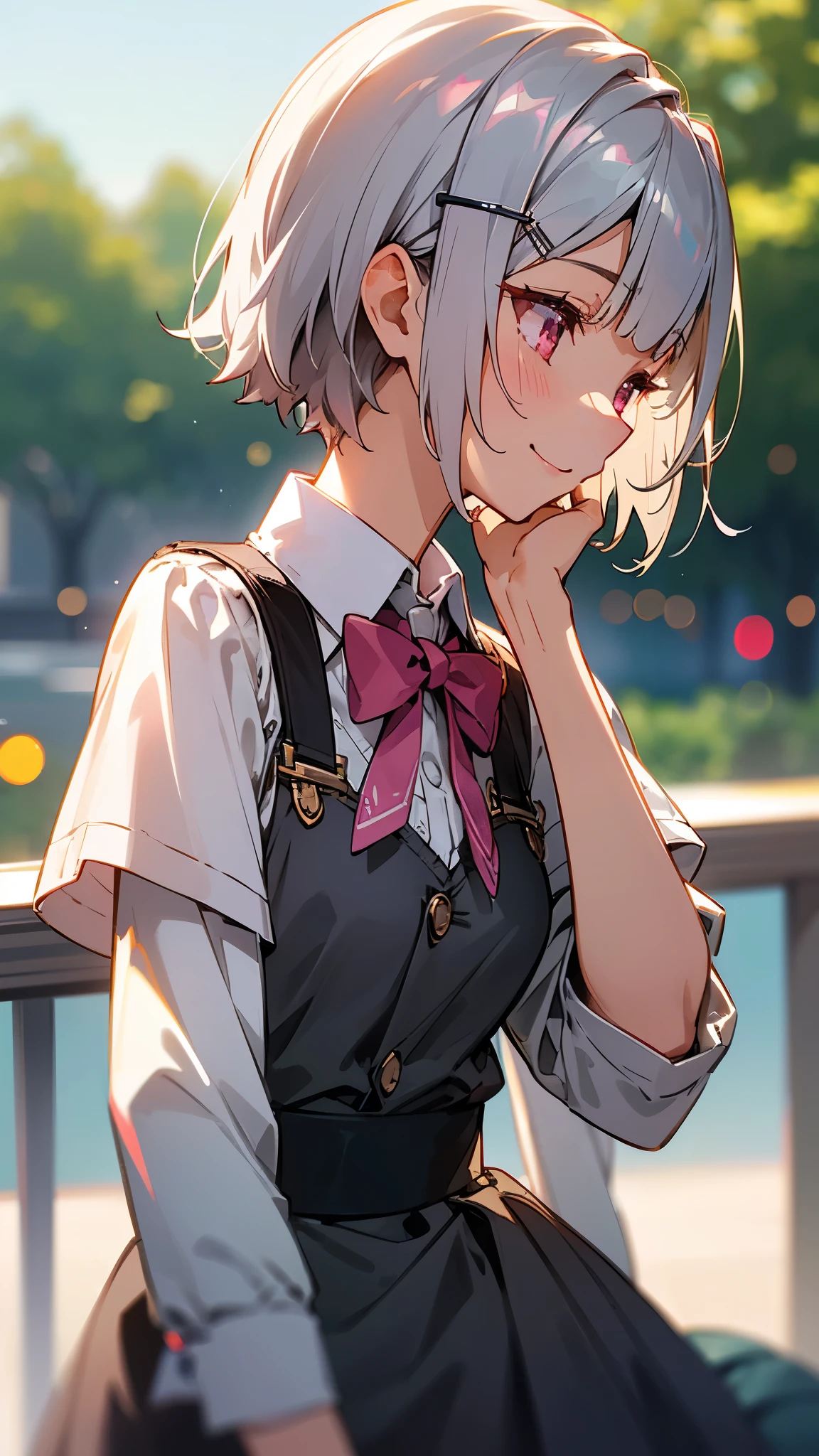 1 Girl、8k、Sharp focus、(Bokeh) (highest quality) (Detailed skin:1.3) (Intricate details) (anime)、Short silver bob hair held together with a hair clip, Pink Eyes、smile、I really like it、profile、Upper body close-up、Morning Cafe Terrace、Background Blur, Written boundary depth