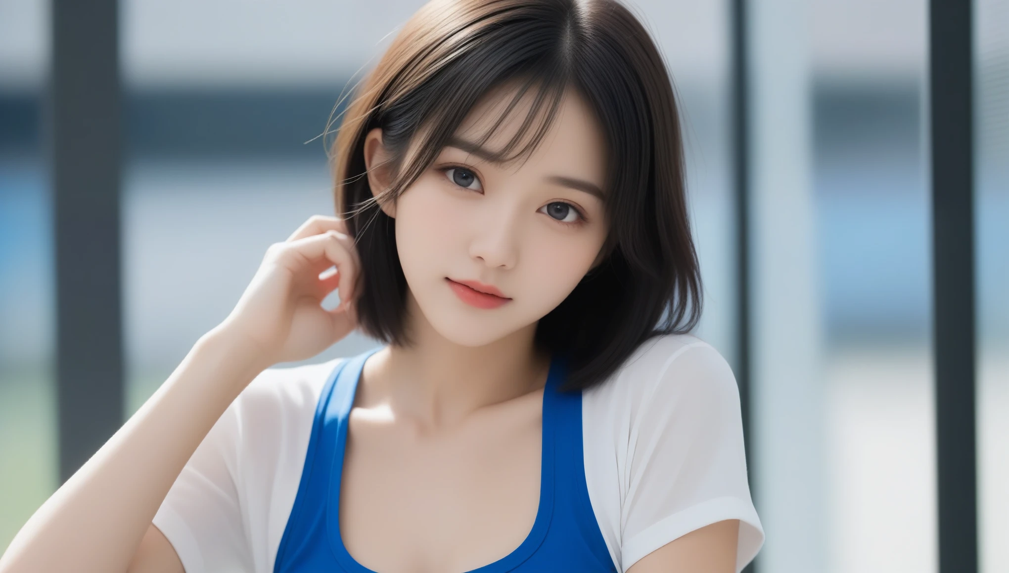 8k, Ultra-high resolution, highest quality, masterpiece, Surreal, photograph, 1 girl, (16 years old:1.3), pretty girl, Cute Face, Beautiful eyes in every detail, 細かくdetailedに,masterpiece,, One Girl:1.2, Japan Female Announcer,(美しい白い歯の笑顔のdetailed:1.2),(A cute detailed perfect beautiful idol face:1.2),thin、rather thin eyebrows, (Black bob hair:1.4),(Beautiful white detailed skin:1.2),(((A beautiful teenage Japanese female athlete competing in track and field events:1.2))),(((Muscular and slender model body:1.85))),((Fine abdominal muscles:1.8)),(筋肉質な手足とthin太もも:1.3),(((A super tight and very short bright red and blue multi-coloured flashy track and field uniform:1.2))),(The groin and hip bones are visible.:1.3),(Small Ass:1.3),((非常にthin太もも:1.3)),(((Very small breasts:1.8))),(((Sideline design high leg athletic bloomers:1.3))),(Shortcuts:1.2),(Bright outdoor athletics stadium:1.3),Bold Pose,Looking at the audience、beauty,Long neck、Laugh a little、Please close your mouth and laugh、(((Ideal body type))),A cup small breasts :2,、Portraiture:2、Perfect Anatomy、鮮明なdetailed、detailed、Surreal、Light and shadow,Strong light,Fashion magazine cover,Thin lips