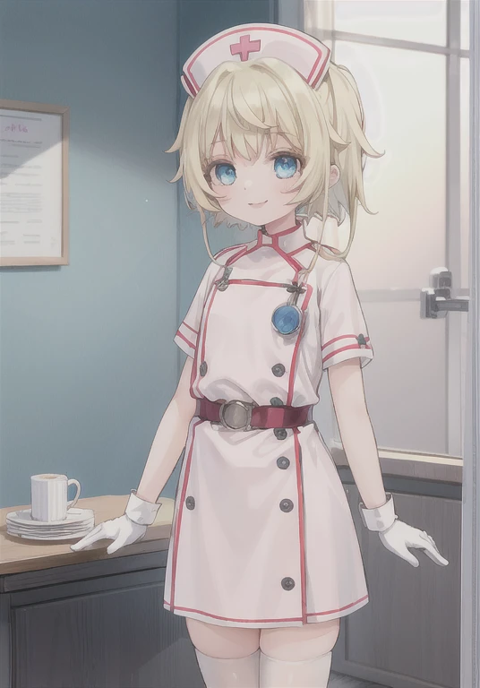 1 girl in, nurse, nurse cap, White tableware, white stockings, White gloves, blonde hair, Blue eyes, pink lipsticks, smile, standing, hospital, sharp outline, Zettai Ryoiki, short sleeves, Best quality, table
