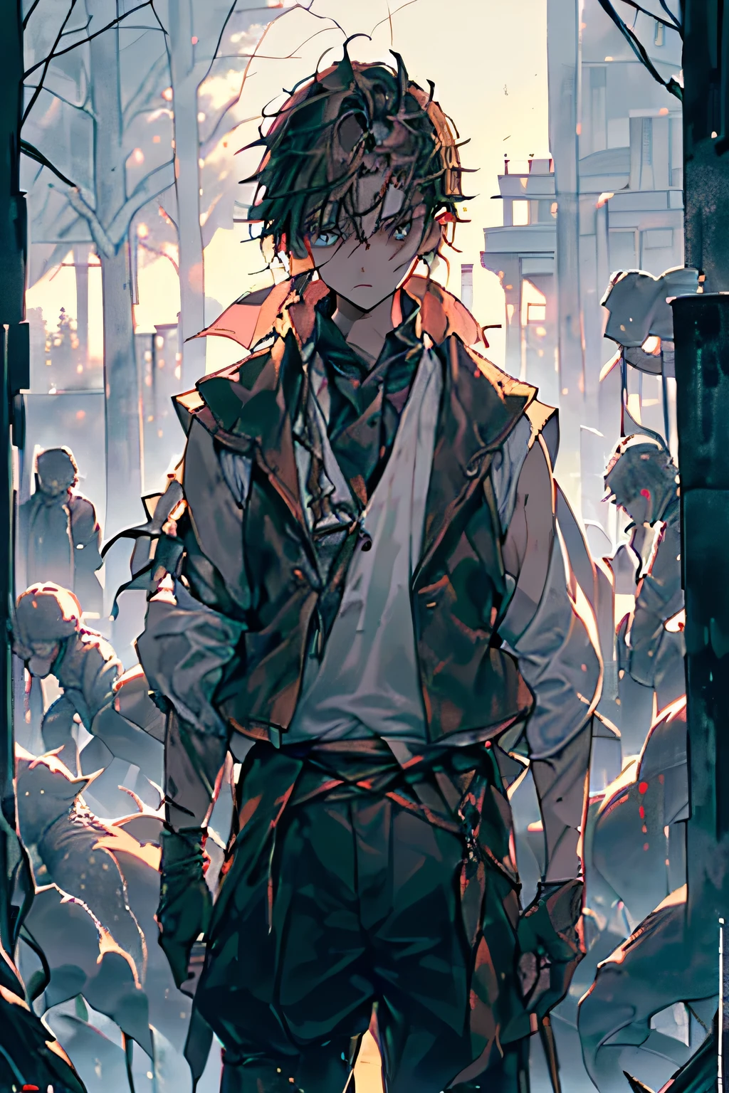 s(((Highest image quality)), (((masterpiece)), ((((best quality))), (((ultra detailed)), (HD), ((illustration)), (detailed description of the face), (the night), (fantasy world), (blood) (turning his back to the viewer) (farmer) (peasant clothes), (long white shirt), (light brown sleeveless vest), (dark brown jacket), (dark blue eyes) -yeld yo man, black hair, short hair, pale skin, dark blue eyes, , blood on the body,blood on the face, peasant clothes, a white shirt, over this shirt a light brown sleeveless vest, sack dark maron worn light brown trousers, worn leather boots. In the middle of a forest, at night, alone, big trees, fog.standing posture, the villagers, all dressed in simple and worn clothes. Plebeian clothes, worn out, forest in the middle of the field, big green trees, farmer, the night, blood on the body, blood on the face, back @Alvaro2122