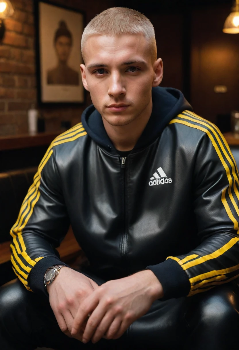 Urban style, portrait of medium body of two:chav guys handsome 30 year old Chavs,muscular and athletic, sitting in a black sofa leather inside a bar in London, more, scally guys in the background:1.7, He has clear blonde buzz cut and freckles on his face, full blue elecetric leather cap "adidas" in yellow shiny latex tracksuit with three red stripes on the sides++, ((low angle)), legs apart, wearing a super inflated huge shiny black puffer jacket "Adidas",Extremely Realistic, depth of field:1.4, adidas tracksuit, detailed hand+, detailed hands+, perfect hand+, perfect hands+, masterpiece face+, masterpiece hands++, detaled hands, perfect hand, perfect body, no bulge, realistic, ultra textured skin, ultra textured clothe+, super ultra textured materials+, highly textured skin+, textured clothing+, perfect hands+, hands without fused fingers+, atmospheric haze, Film grain, cinematic film still, highly detailed, cinemascope, moody, epic, gorgeous, RAW photo, photorealistic, candid camera, color graded cinematic, eye catchlights, atmospheric lighting, skin pores, imperfections, natural, shallow dof, (fashion photography lighting, soft tones:1.5), wide range of colors, (Dramatic, Dynamic, Cinematic, fashion theme, volumetric low lighting:1.2),