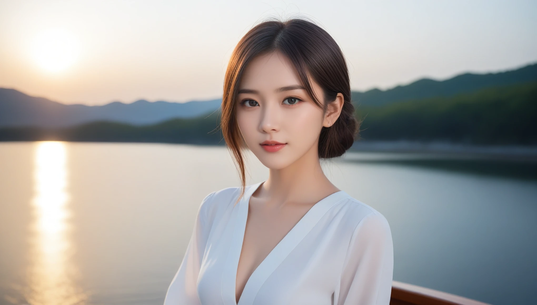 8k, Ultra-high resolution, highest quality, masterpiece, Surreal, photograph, 1 girl, (16 years old:1.3), pretty girl, Cute Face, Beautiful eyes in every detail, 細かくdetailedに,masterpiece,, One Girl:1.2, Japan Female Announcer, Night is approaching、The sky turns red、Woman standing on a boat、Black Hair、Elegant hairstyle、Black-eyed woman、A woman with a cute upward gaze、When the sky gets dark、The gentle light of the ship shines、The sky turns red as the sun sets、Tight clothing that shows your body lines、A clean white blouse or white collared shirt、The first button of her blouse is lewdly open、Brown genuine leather belt、dark red pencil skirt、Wear elegant clothes、Woman on a sightseeing boat、The sun shines on her、An elegantly dressed woman is sitting on a boat and watching the sunset、Lens flare,Bold Pose,Looking at the audience、beauty,Long neck、Laugh a little、Please close your mouth and laugh、(((Ideal body type))),A cup small breasts :2,、Portraiture:2、Perfect Anatomy、鮮明なdetailed、detailed、Surreal、Light and shadow,Strong light,Fashion magazine cover,Thin lips