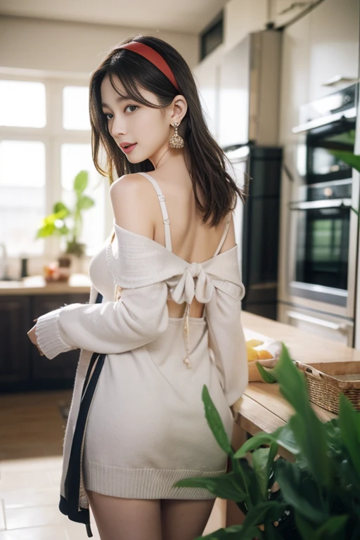 (small breasts:1.3), (perky chest:1.1), (pointed chest:1.0), (fashion magazine cover:1.3),(from below:1.0),(from side:0.9),masterpiece, 1girl, Amazing Cleavage:1.1, thin waist, big ass, Raised sexy, small breast: 1.3, posed cleavage:1.2、solo, looking at viewer, open mouth, have a cute grass of cute beergrass,black hair, dark green eyes, dress, bare shoulders, jewelry, collarbone, sidelocks, hairband, earrings, indoors, off shoulder, :o, sweater, arms behind back, plant, short hair with long locks, gild hairband, off-shoulder dress, sweater dress, off-shoulder sweater, red sweater, dark gord hair, big side hair, very long side hair,is rendered in (masterpiece: 1.2, best quality), with (ultra high resolution) and an exquisite (depth of field). This masterpiece is not only visually stunning but also tells,A scene of cooking in the kitchen by classroom