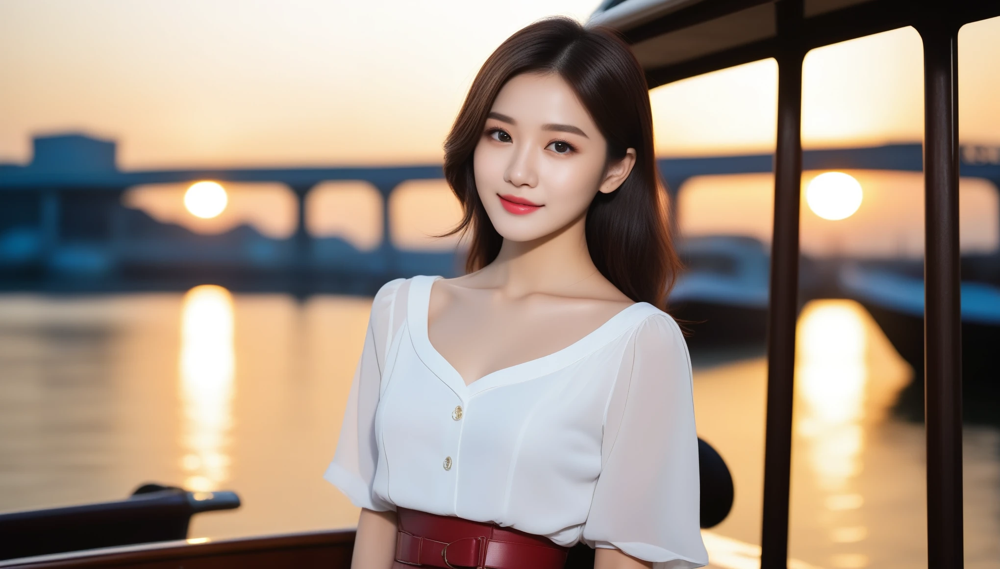 8k, Ultra-high resolution, highest quality, masterpiece, Surreal, photograph, 1 girl, (:1.3), pretty girl, Cute Face, Beautiful eyes in every detail, 細かくdetailedに,masterpiece,, One Girl:1.2, Japan Female Announcer, Night is approaching、The sky turns red、Woman standing on a boat、Black Hair、Elegant hairstyle、Black-eyed woman、A woman with a cute upward gaze、When the sky gets dark、The gentle light of the ship shines、The sky turns red as the sun sets、Tight clothing that shows your body lines、A clean white blouse or white collared shirt、The first button of her blouse is lewdly open、Brown genuine leather belt、dark red pencil skirt、Wear elegant clothes、Woman on a sightseeing boat、The sun shines on her、An elegantly dressed woman is sitting on a boat and watching the sunset、Lens flare,Bold Pose,Looking at the audience、beauty,Long neck、Laugh a little、Please close your mouth and laugh、(((Ideal body type))),A cup small breasts :2,、Portraiture:2、Perfect Anatomy、鮮明なdetailed、detailed、Surreal、Light and shadow,Strong light,Fashion magazine cover,Thin lips