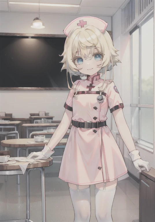 1 girl in, nurse, nurse cap, White tableware, white stockings, White gloves, blonde hair, Blue eyes, pink lipsticks, smile, standing, hospital, sharp outline, Zettai Ryoiki, short sleeves, Best quality, table