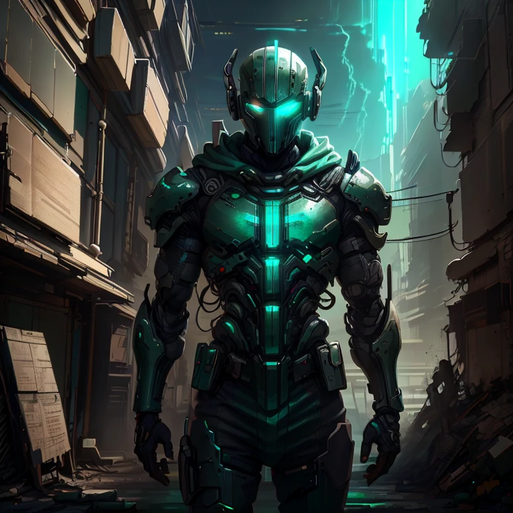 A painting showing the face of an android, masculine, with emerald green eyes that convey wisdom and determination. He wears a hood covering his bald head, without a helmet. The background is a dystopian world in ruins, with a cloudy sky in the background.