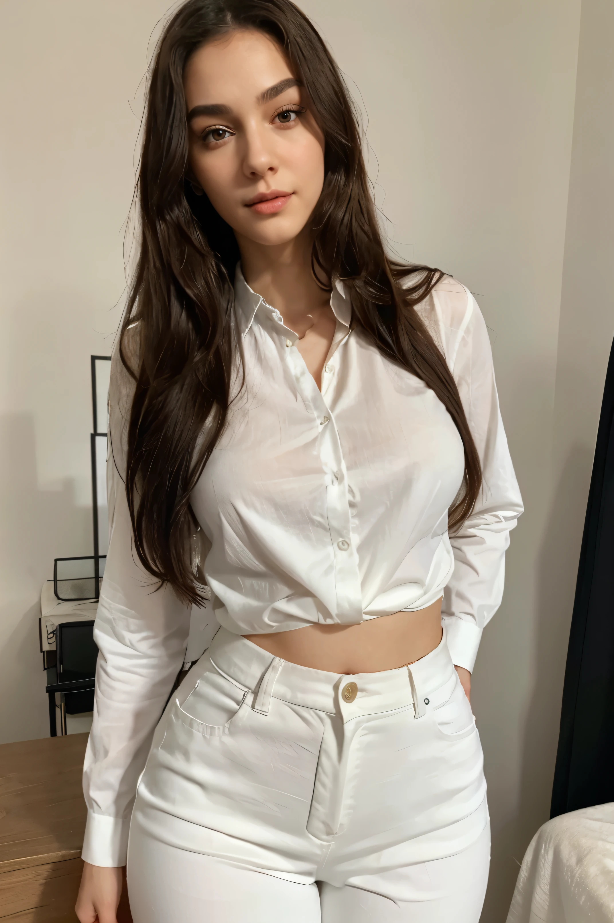 This beautiful teacher wore a simple and elegant white shirt with a pair of black slim trousers, showing her tall figure and graceful curves. Her long hair was shawl, slightly curly, and gave off a faint fragrance. Her facial features are delicate, her eyes are bright and spirited, her eyebrows are slender and natural, her lips are rosy and sexy, and her face is round and smooth.