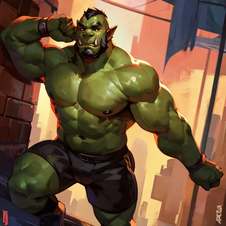 Medium muscular, orc, shirtless, in black shorts, By mystikfox61