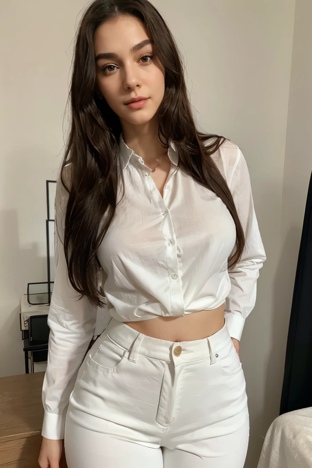 This beautiful teacher wore a simple and elegant white shirt with a pair of black slim trousers, showing her tall figure and graceful curves. Her long hair was shawl, slightly curly, and gave off a faint fragrance. Her facial features are delicate, her eyes are bright and spirited, her eyebrows are slender and natural, her lips are rosy and sexy, and her face is round and smooth.