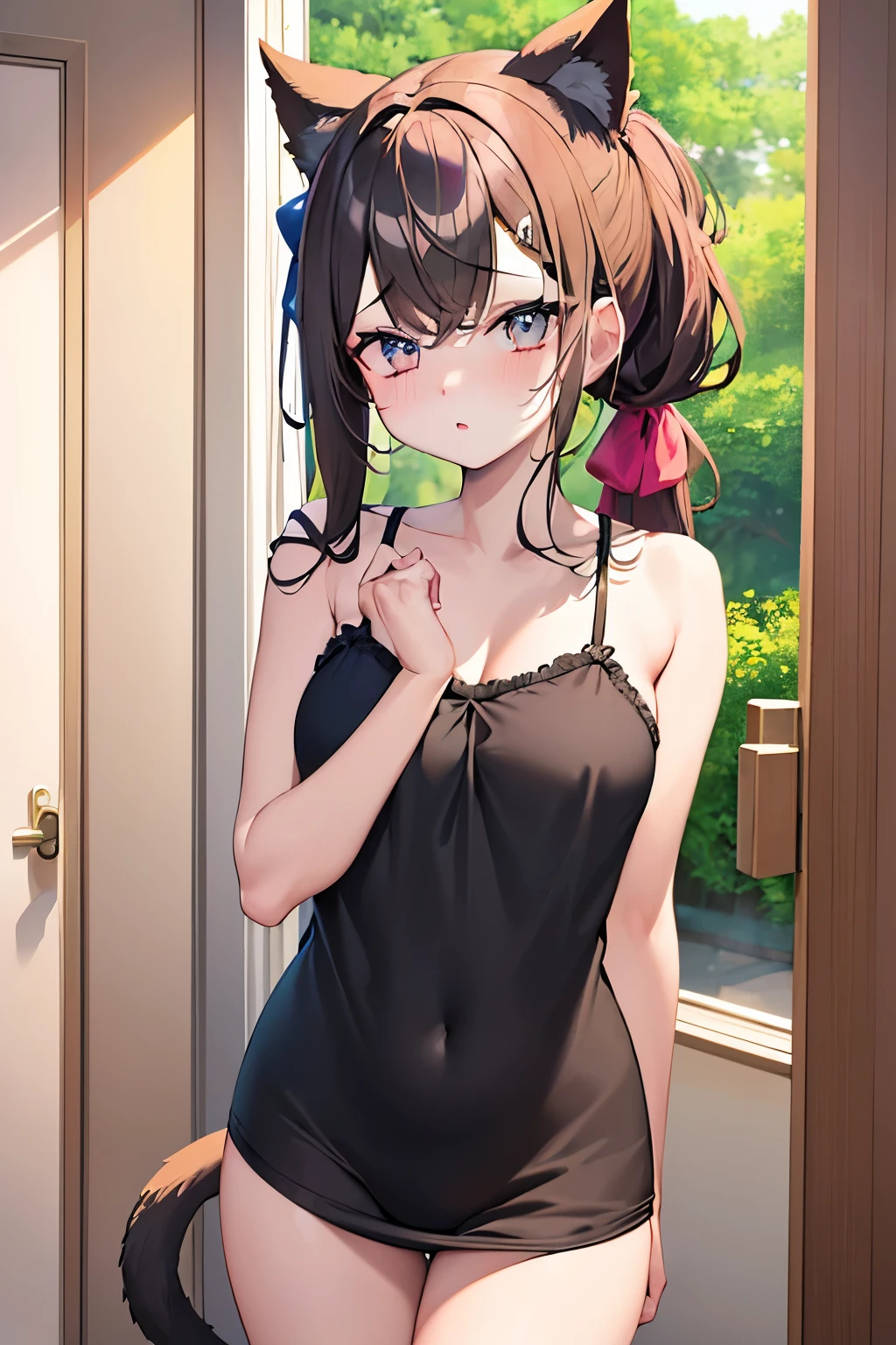 masterpiece, high quality, extremely detailed artwork, quality, top-quality, high resolution, 4K, high-detail, beautiful lighting, extra detailed face, anime, animation, pixiv, cinematic lighting, masterpiece, Beautiful face, beautiful eyes, 5-Fingers, well-drawn hands, well-drawn legs, well-drawn feet, well-drawn eyes, 1girl, camisole, Pajamas, Hair on the shoulders, Beautiful breasts, attractive anime girl, solo, beautiful alluring anime girl, beautiful anime girl, cute anime girl, pretty anime girl, attractive anime girl, shy face, seductive anime girl, cat ears, cat tail, looking at me, super cute, aesthetic, brown hair, long hair, fair skin, cute ribbon, Brown-eyed, Hair Bow,(((the bow)))),length hair,beutiful eyes ,Beautiful breasts,Low ponytail,Hair on the shoulders,be shy, shy face, Beautiful face, cat tail coming out of the ass, Uma Musum,(Admire Vega),Cat ears,tail, Hi-Res, Open the upper body and peek,(Open the upper body door and peek),camisole,Pajamas,Open the door,Grasp the door handle,sleeveles, Hands on the chest, Obscuring the chest, anime, animation, pixiv, Cleavage,