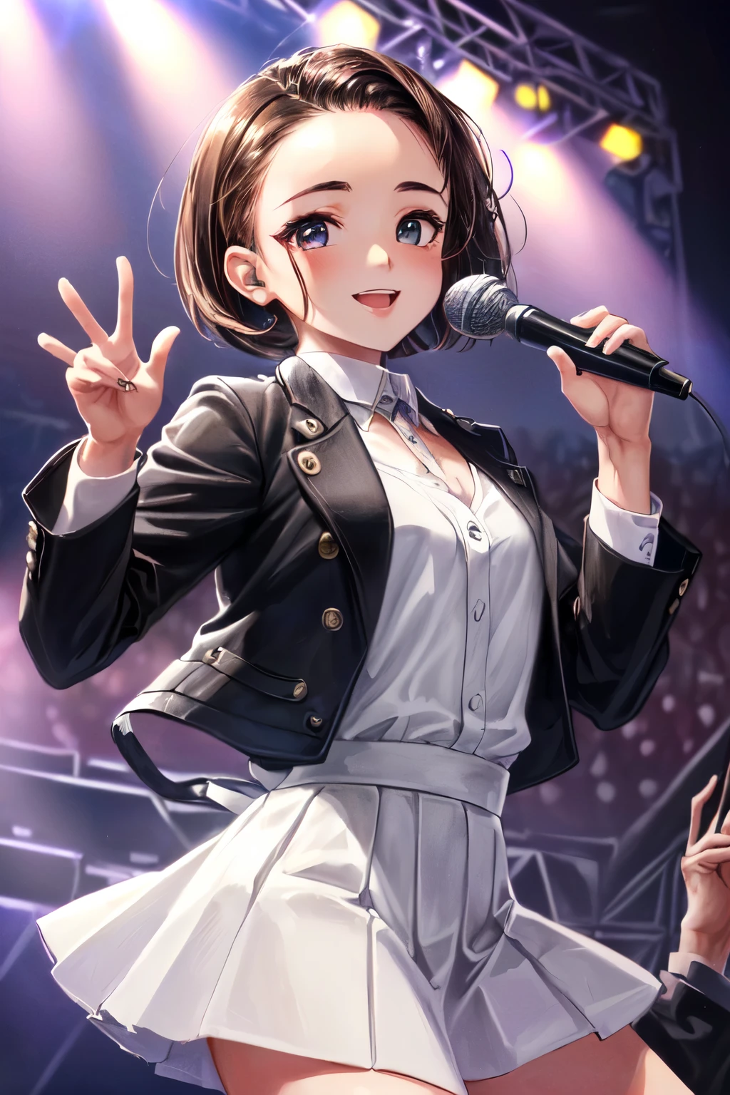 ((Best of the highest quality, 8k, Masterpiece, raw photo: 1.3)), (Great artist style, Sharp focus: 1.2), , (1girl: 1.1), (Solo: 1.1), face focus, cute face, portrait, (k-pop idol, on the stage, microphone: 1.28), jacket, skirt, (brunette short bob hair, forehead: 1.1), small smile,