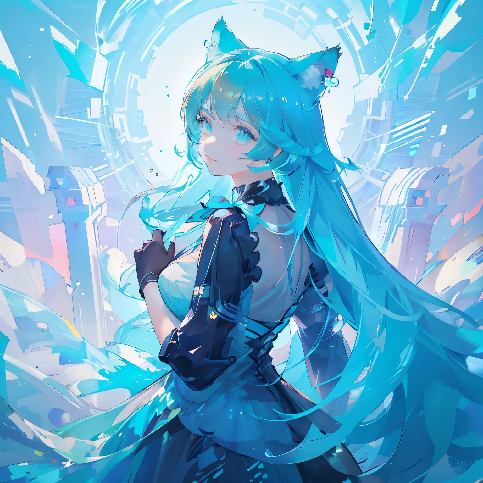 a cute female with cat ears, many different colors of cyan and aquamarine, shades of blues and greens, galaxy backround, has cat tail