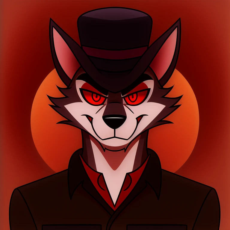 (masterpiece, best quality:1.2), Vortex hellhound, wolf, furry, helluva boss, using Dor-15 bowler hat with a robotic red eye on the front, wearing black worker uniform,