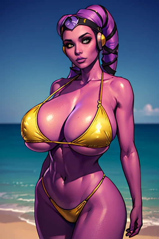 1girl, huge tits Twi'lek, busty, masterpiece, best quality, highly detailed, award winning, high definition, ((purple skin), twi'lek), ((yellow bikini))), panties), ((busty), slender body, thin, slim sexy body, slim waist, (((huge boobs, huge breasts)))), Imperial starship, Star Wars, cherry blosom, sexy big tits