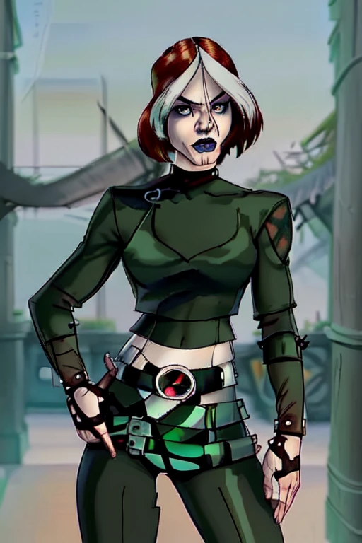 (human face) (ponytail) (leather jacket) (corset) (military belts) (Warrior) (cocky smile) (tribal tattoos) (green and blue hair) (X-Men Rogue) (Star Trek Jadzia Dax) (2000 Ninja Turtles April) (Greek mythology Athena) (pirate woman) (Star Wars zabrak) (Star Trek trill) (pale skin) (face tattoos) (zabrac face tattoos) (goth) (bo-katan) (cleveg) (low cut top)