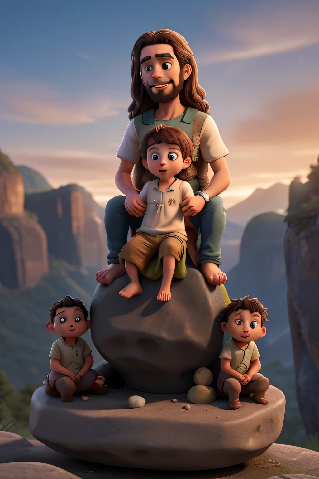 Jesus sitting on the rock and the children,Telling Story