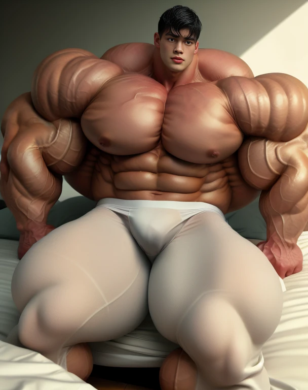 1 asian boy, handsome, giant, buzz black haircut, model shoot style, looking at camera, standing, relaxing pose, sitting on the white bed, strong body, bulk, crotch, naked, wear white swimwear underpants, bulge, big, brutalmass, giant, muscular body, bulk, massive body, large meaty body size, brown veiny skin, big arms, ballooning meaty pecs, big butt. Sweaty, wet, UHD, Realistic, intricate detail